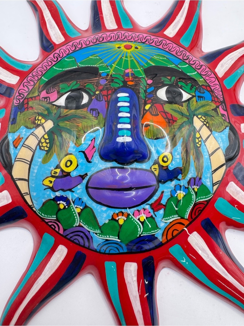 Isidoro Mexican Terracotta Sun Wall Art Hand Painted Ceramic Sun Face Plaque 10” - Picture 5 of 9